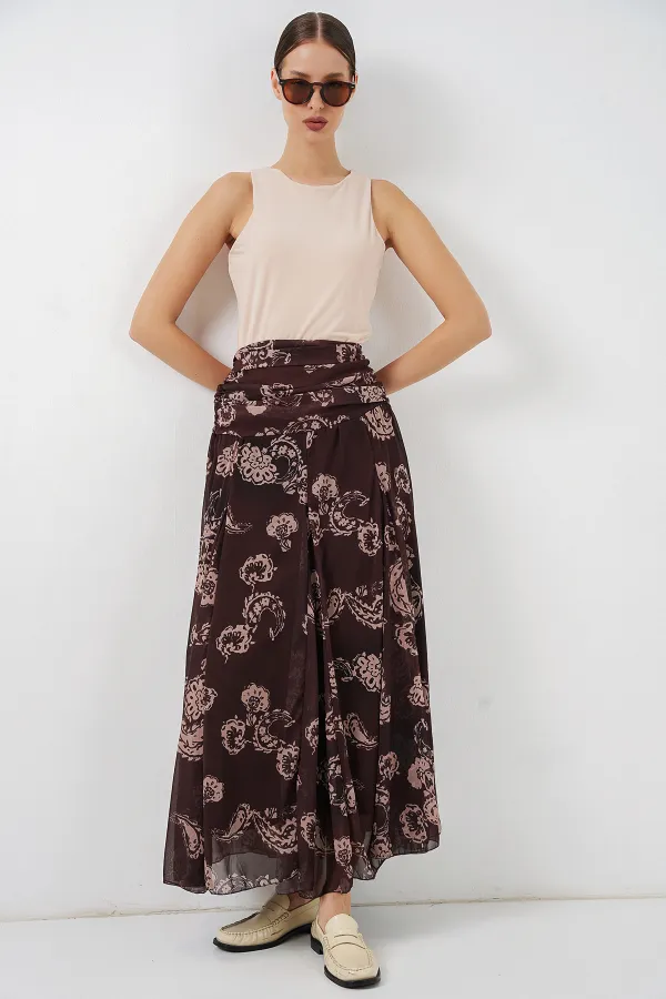 Women's Patterned Chiffon Skirt 8057 - Brown