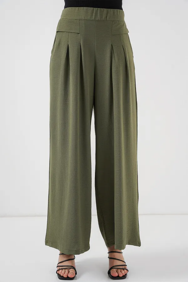 Kadın Geniş Paça Pileli Pantolon 6718 - Haki