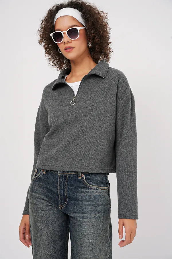 55449 Zippered Collar Knitted Sweatshirt - Anthracite
