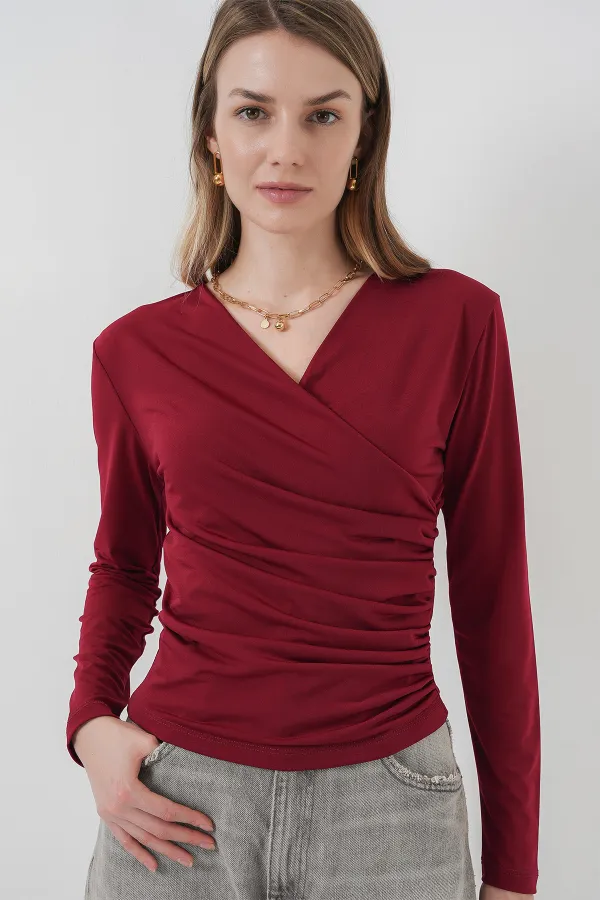 939 Wrap Neck Sandy Blouse - Claret Red