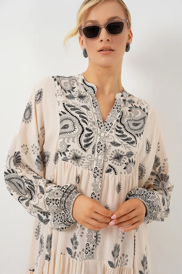 Robe hijab à motifs authentiques 2423 - Noir - Crème