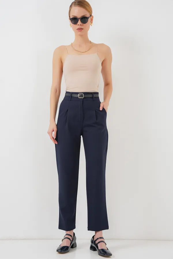 Women's Pleated Belted Fabric Trousers 6725 - Navy Blue