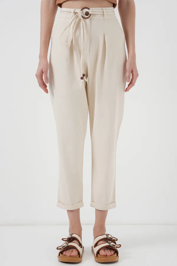 6660 Kemerli Keten Pantolon - Krem