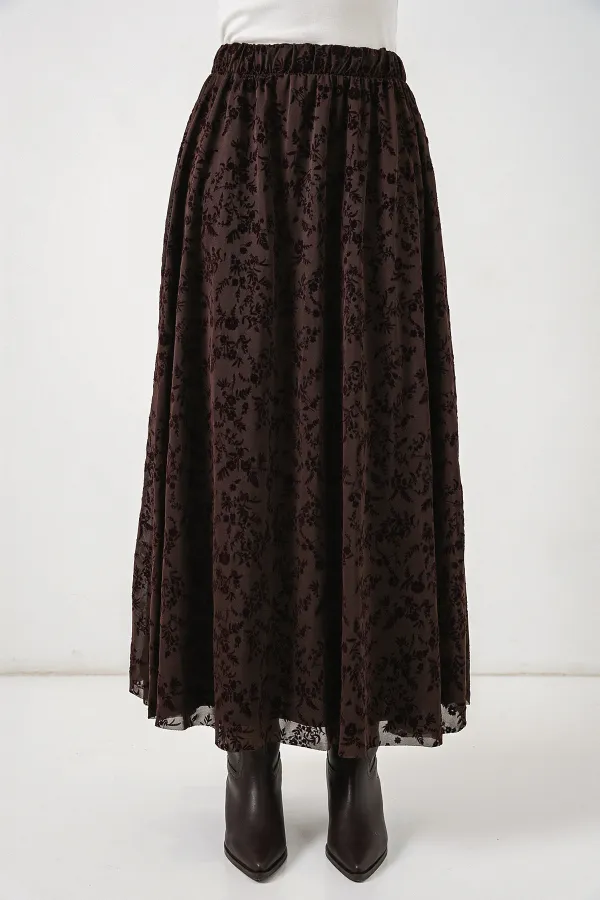 Kadın Desenli Astarlı Etek 8075 - Kahverengi