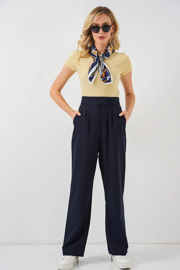 6612 High Waist Fabric Trousers - Navy Blue 6612 High Waist Fabric Trousers - Navy Blue