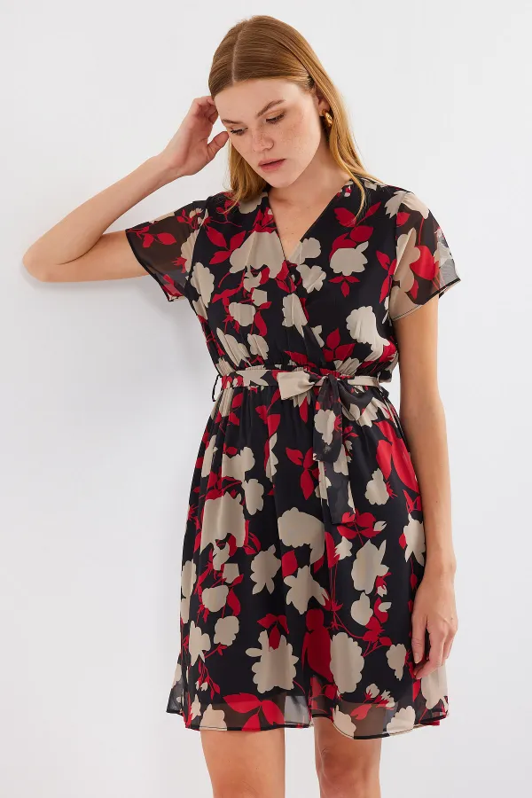 Robe courte en mousseline à motifs, manches courtes, couleur bordeaux (réf. 2502)