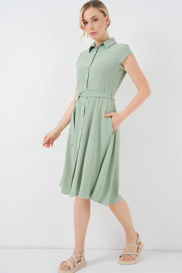 1677 Buttoned Belted Dress - E.Green