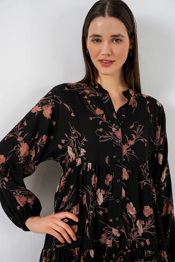 Kadın Desenli Uzun Tesettür Elbise 2585 - B. Siyah