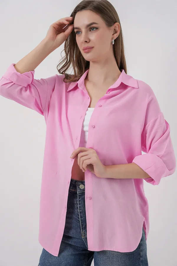 Kadın Oversize Viskon Gömlek 3785 - Pembe