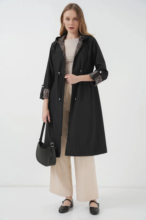 9091 Waist Drawstring Hooded Trench Coat - Plain Black