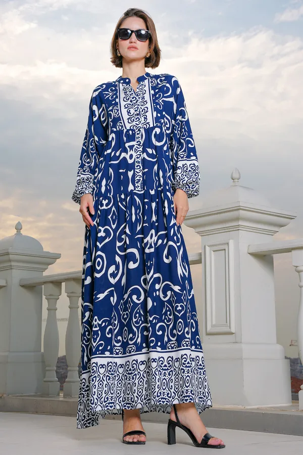 Robe hijab à motifs authentiques 2423 - Bleu marine