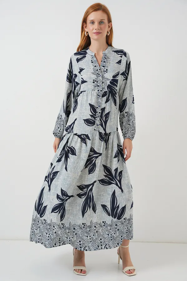 Robe longue hijab à motifs pour femme 2585 - Bleu - Bleu marine