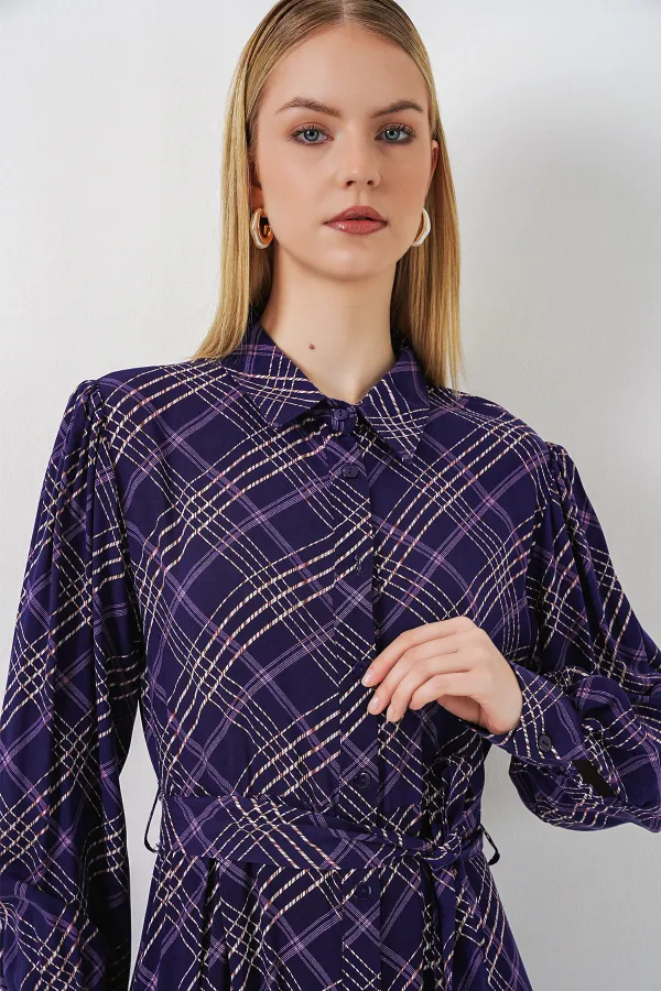 Kadın Boydan Düğmeli Uzun Tesettür Elbise 2588 - Mor