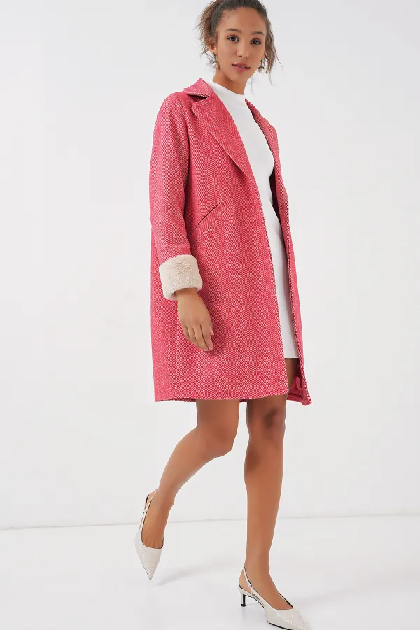 9085 Balık Sırtı Kaşe Kaban - B.Kırmızı