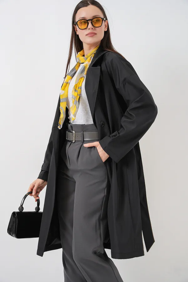 Kadın Kruvaze Yaka Trençkot 5987 - Siyah