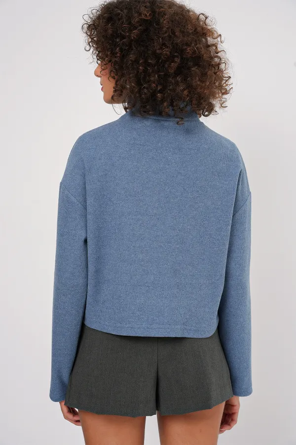 55449 Zippered Collar Knitted Sweatshirt - Indigo