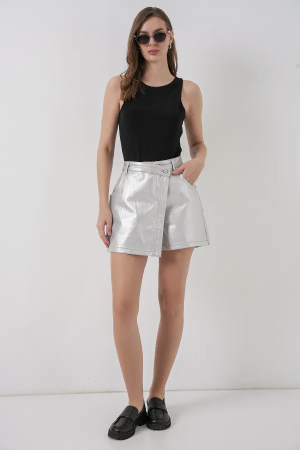 Kadın Parlak Şort Etek 8044 - Gümüş