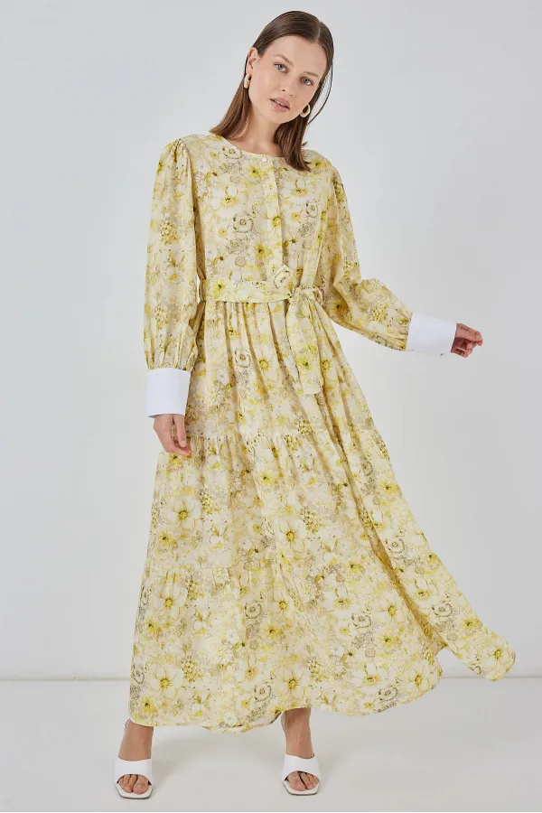 Robe longue ceinturée pour femme 2584 - Jaune