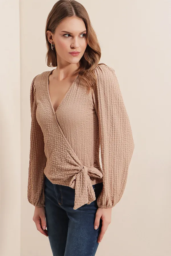 Chemisier cache-cœur en maille beige (0441)