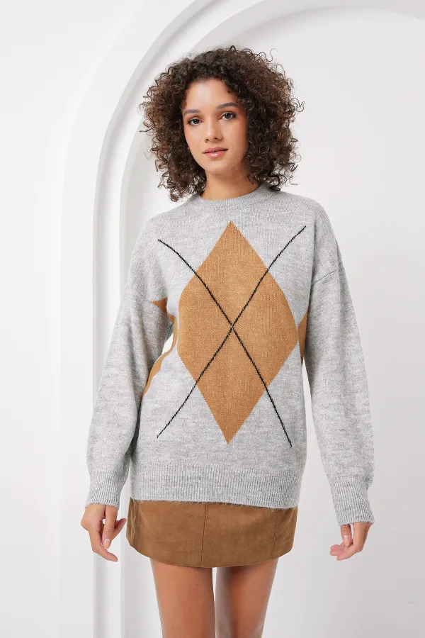 15895 Baklava Pattern Oversize Knit Sweater - Grey