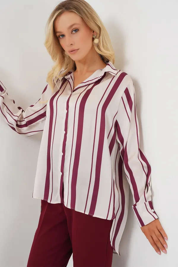 Chemise longue rayée en satin pour femme 20291 - Bordeaux