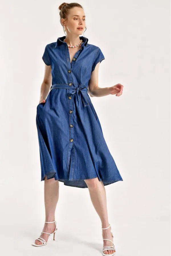 1677 Buttoned Belted Denim Dress - Navy Blue