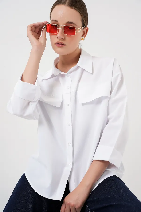 Women's Pocket Detailed Oversize Shirt 20313 - White