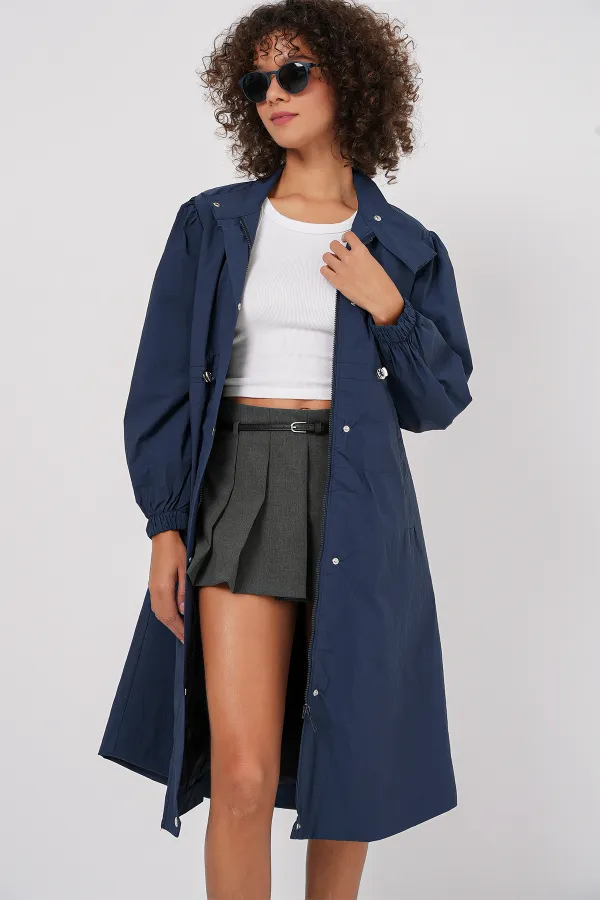 5939 Lined Long Trench Coat - Navy Blue