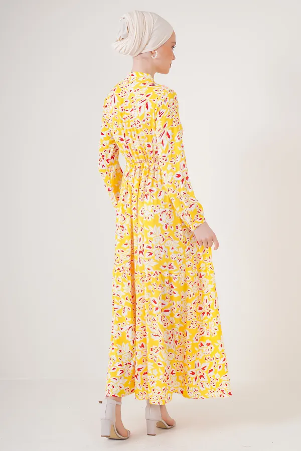 2144 Hakim Yaka Tesettür Elbise - Sarı