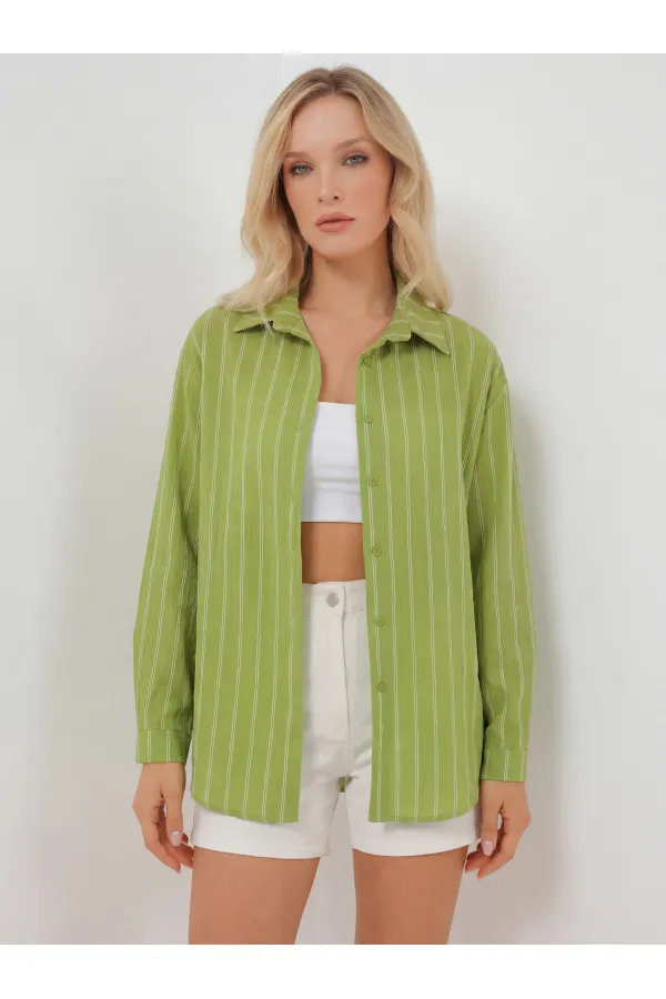 Kadın Çizgili Oversize Gömlek 20293 - E.Yeşil