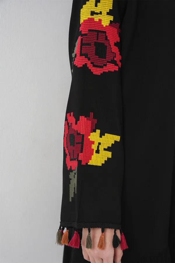 Nakışlı Midi Elbise 2531 - Siyah