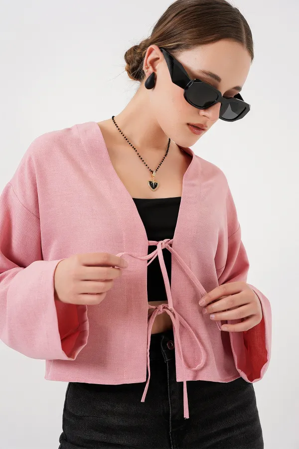 Önü Bağlamalı Keten Kimono 960 - Pudra
