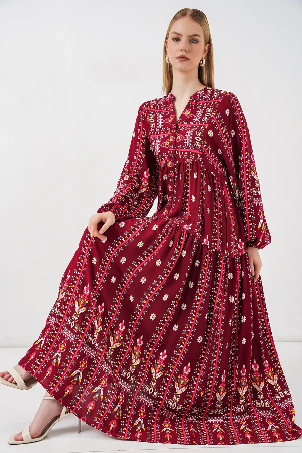 Kadın Desenli Uzun Tesettür Elbise 2585 - K. Kırmızı