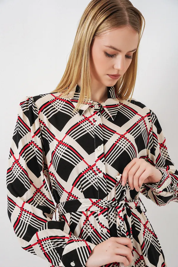 Kadın Boydan Düğmeli Uzun Tesettür Elbise 2588 - Siyah - Bej