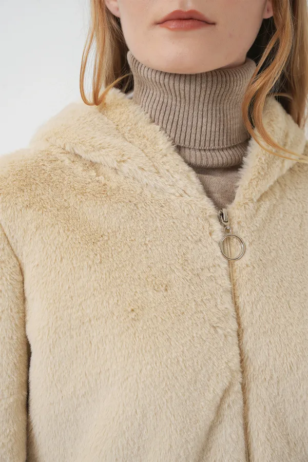 5091 Hooded Fur-Lined Coat with Lining - Biscuit