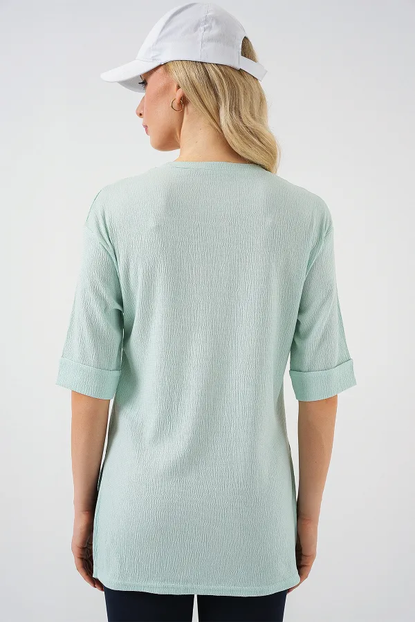 4332 Yanı Yırtmaçlı Örme Tişört - Mint