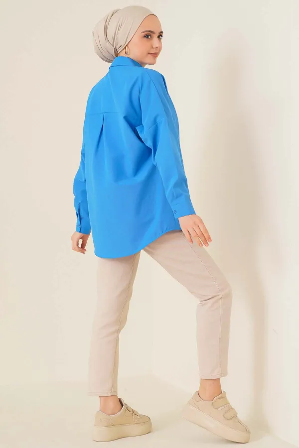 103901 Oversize Basic Tesettür Gömlek - Saks