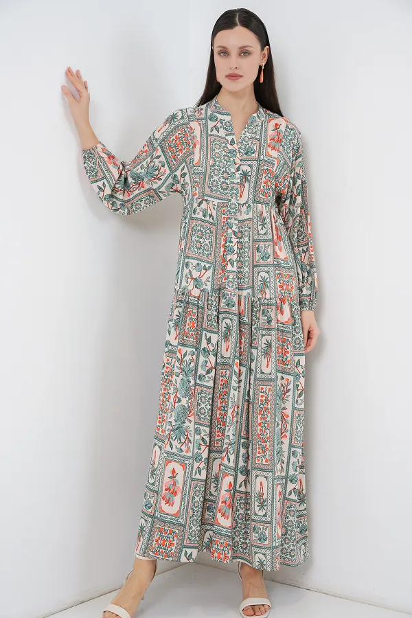 Women's Patterned Long Hijab Dress 2585 - Çağla