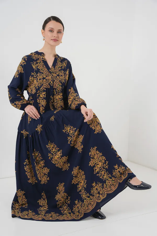 Robe hijab bleu marine à motifs dorés 2423