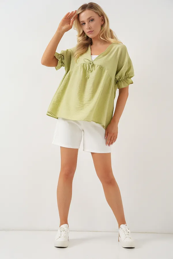 Kadın Önü Bağcıklı Kısa Kol Bluz 962 - E.Yeşil