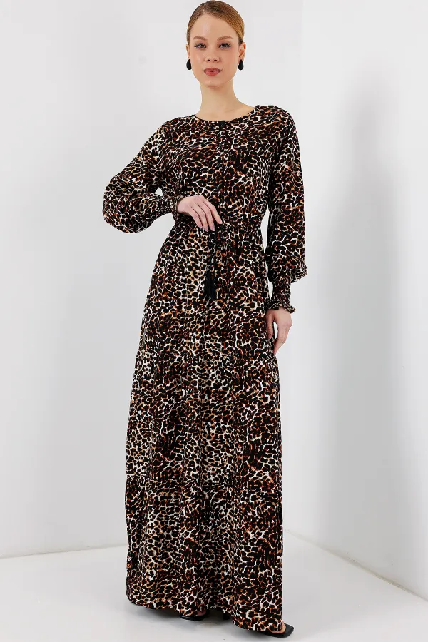 2145 Desenli Tesettür Elbise - C. Kahverengi