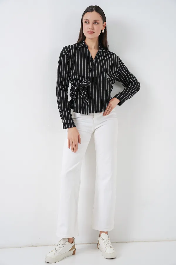 Women's Front Tie Striped Shirt 20362 - Black Women's Front Tie Striped Shirt 20362 - Black