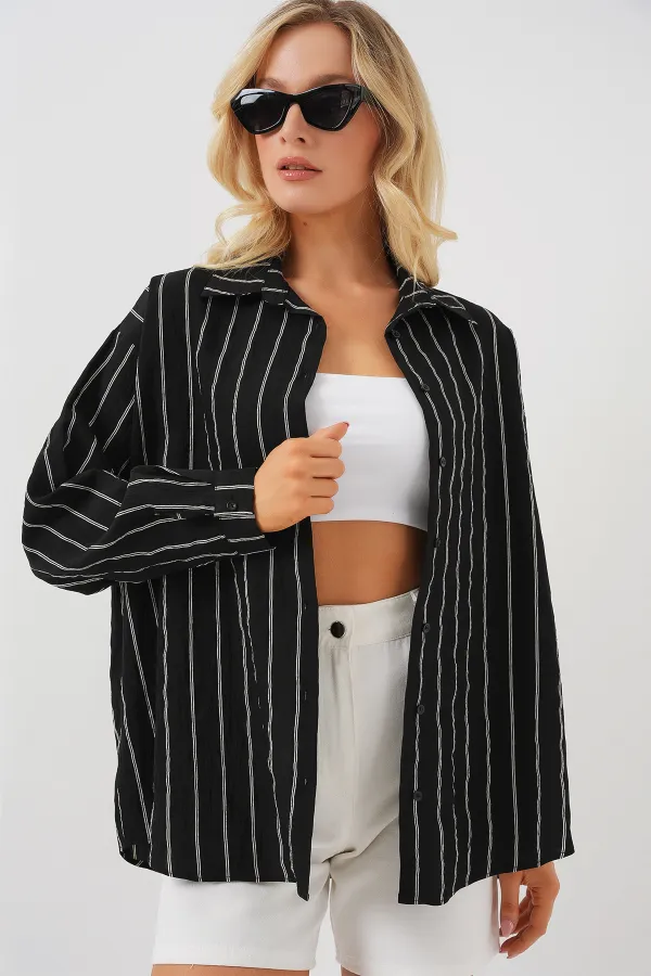 3900 Oversize Uzun Basic Gömlek - C. Siyah