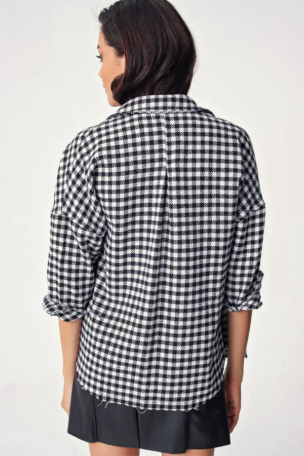 Kadın Ekose Desen Oversize Oduncu Gömlek 3854 - Siyah - Beyaz