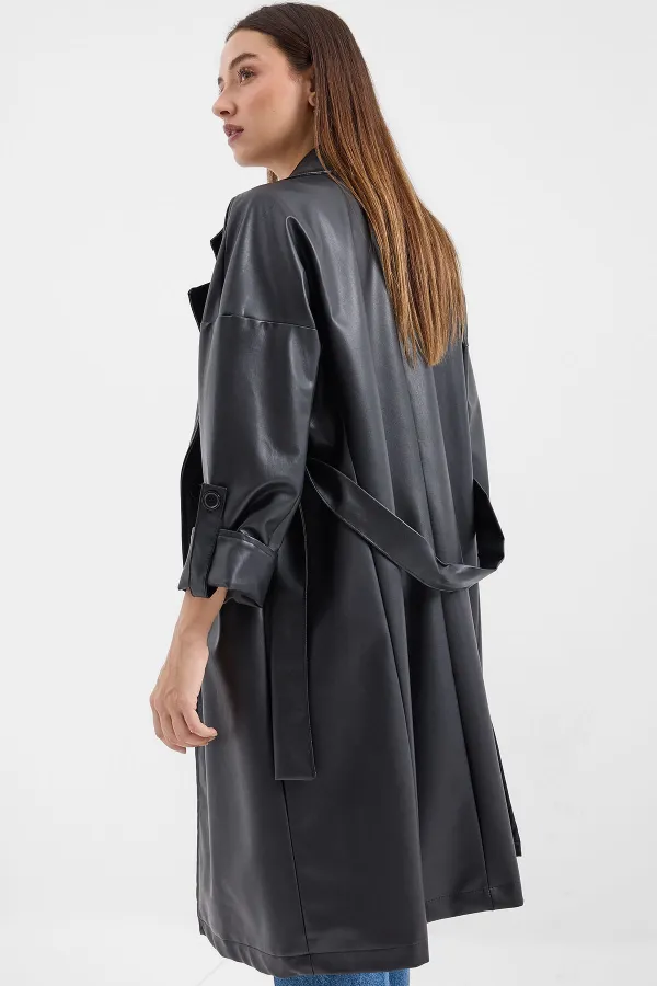 1034 Belted Faux Leather Trench Coat - Black