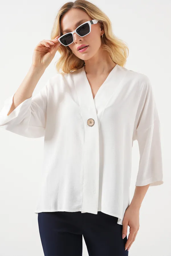 Kadın Kısa Kol Oversize Kimono 5969 - Beyaz