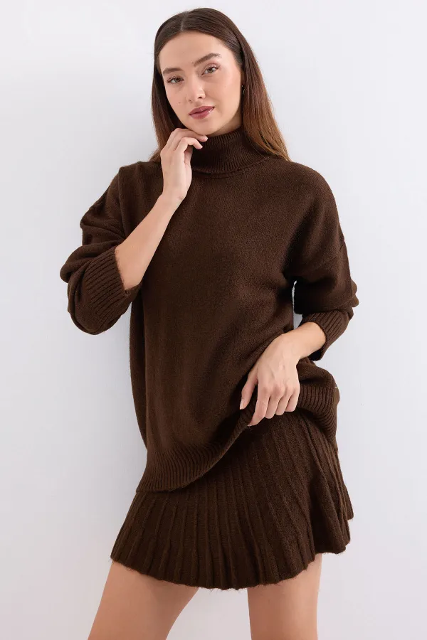 15891 Sweater Skirt Knitwear Two Piece Set - Brown