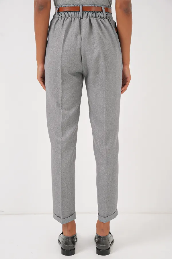 6686 Kadın Pileli Kemerli Kumaş Pantolon - Gri