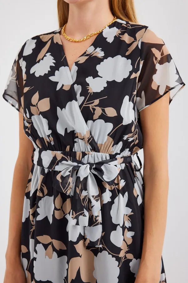 Robe courte en mousseline à motifs, manches courtes, noir clair (réf. 2502)