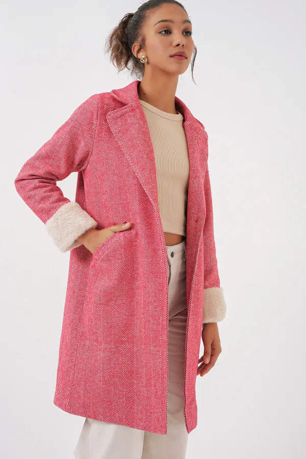9145 Women's Herringbone Cashmere Coat with Feathered Sleeves - Red